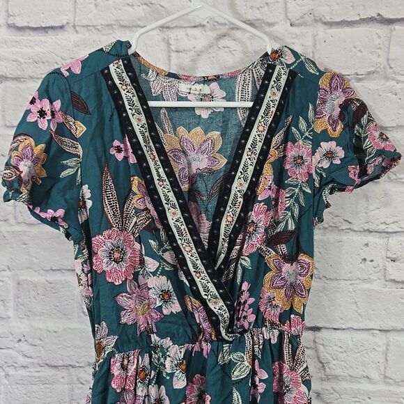 Maurices Teal Floral Flutter Sleeve V Neck Mini Dress Work School Casual Pockets - Picture 2 of 11